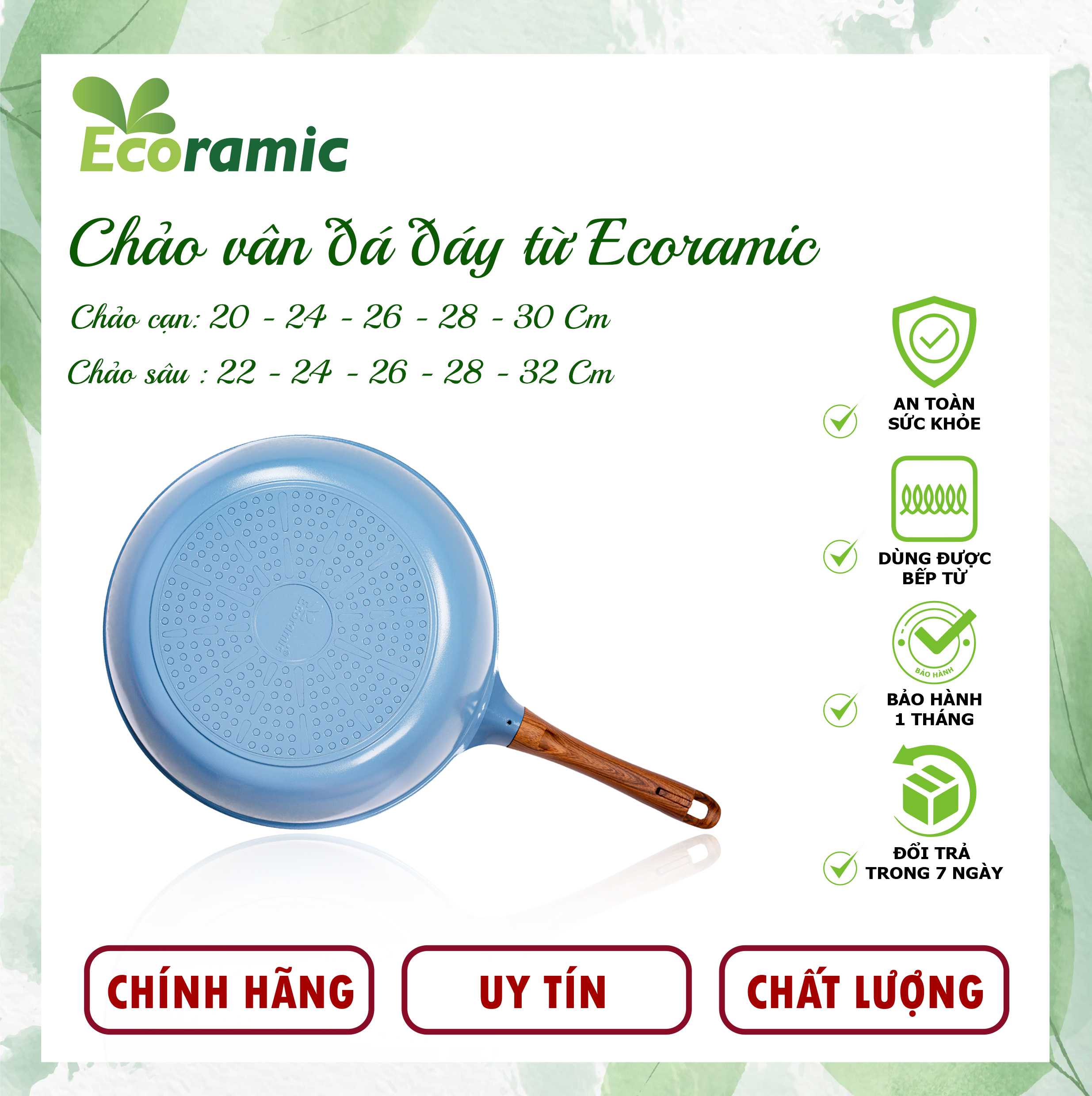 Chảo Chống Dính Ecoramic Vân Đá Đáy Từ Chính Hãng Cao Cấp, Chảo Sâu Siêu Bền, Dùng cho mọi loại bếp, Bảo hành chính hãng 2 tháng