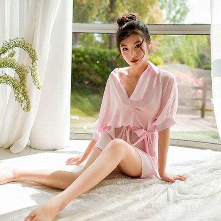 Áo ngủ sơ mi sexy xuyên thấu có dây thắt eo xinh xắn