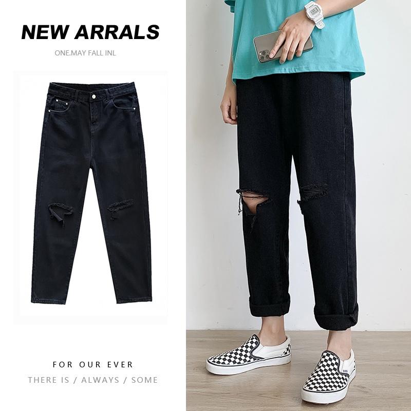 Quần jean nam rách gối dáng baggy ống suông rộng vải jeans cao cấp