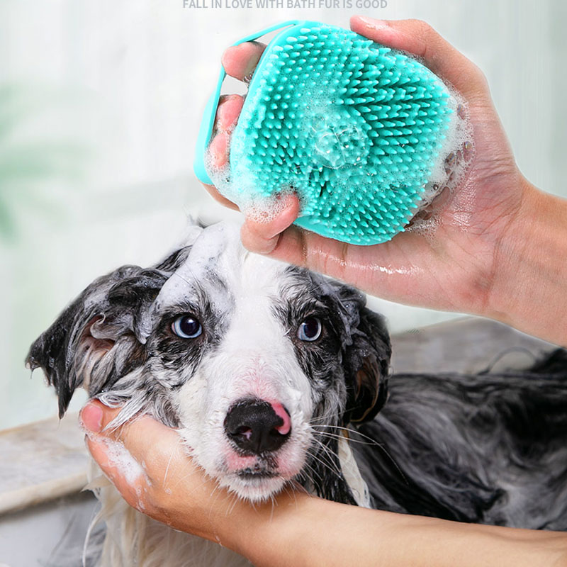 Bàn chải tắm chó mèo và người có đầu silicone tạo bọt nhanh tiết kiệm nước có khay đựng sữa tắm