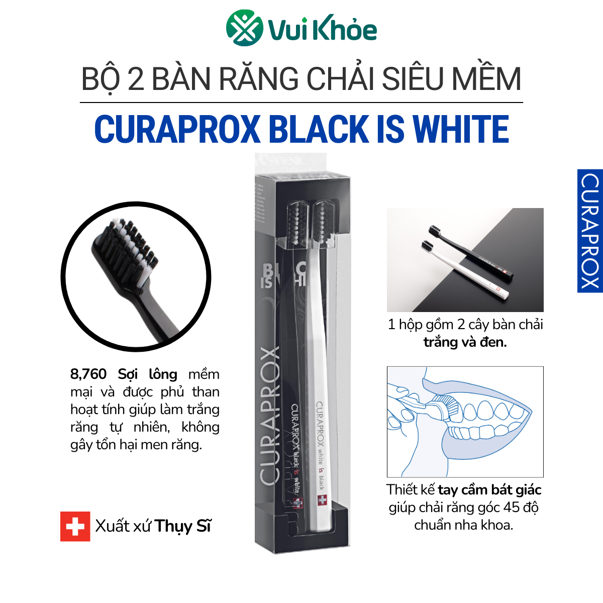 CURAPROX Black is White - Bộ 2 Cây Bàn Chải Trắng Răng | Hộp 2 cây | Mã SP 73327508