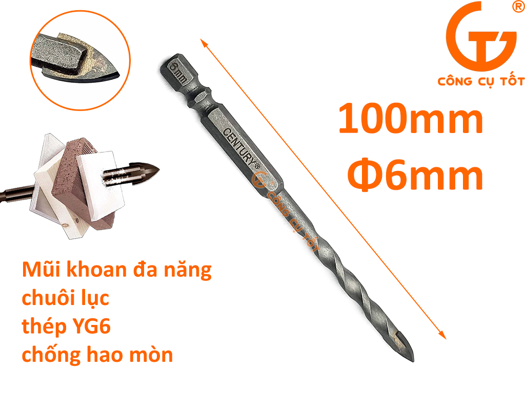 Mũi khoan đa năng chuôi lục Century thép YG6 chống hao mòn 6mm