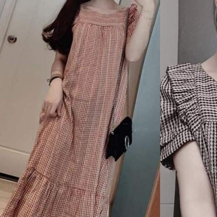 Váy bầu kẻ sọc thiết kế viền bèo tiểu thư sang chảnh