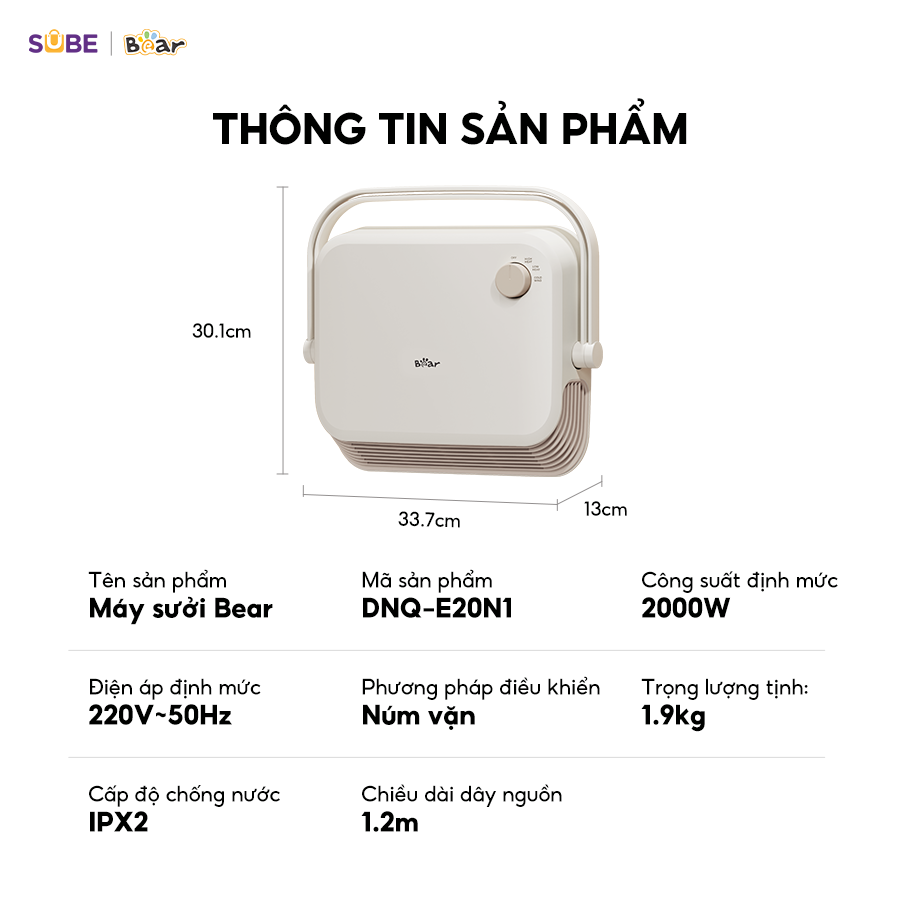 Quạt Sưởi Gốm Bear Máy Sưởi Mini Máy Sưởi Nhà Tắm Chống Thấm Nước Gió Nóng Lạnh Sử Dụng 4 Mùa Tiết Kiệm Điện DNQ-E20N1- Hàng Chính Hãng