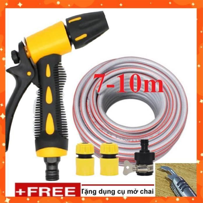 Bộ dây vòi xịt nước rửa xe, tưới cây . tăng áp 3 lần, loại 7m, 10m 206319 cút sập,nối đen+ tặng mở chai