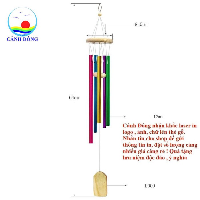 Chuông gió phong thủy 6 thanh sắc màu may mắn , thịnh vượng - Nhận khắc laser, in nội dung lên thẻ gỗ.