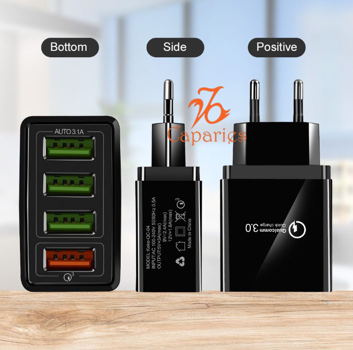 Củ Sạc Nhanh Quick Charge 3.0 Siêu Bền, 4 cổng USB , Chống Nóng, Sạc Nhanh 3.0 - Chính Hãng CAPARIES VIỆT NAM