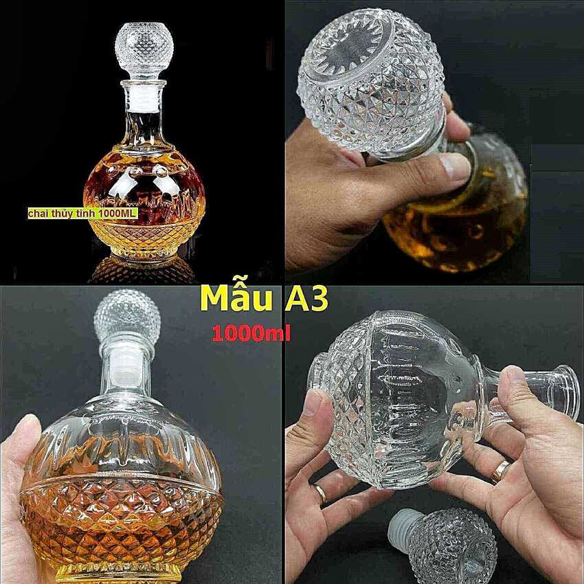 Bình Đựng Rượu Thủy Tinh 1 Lít mẫu tròn bầu hoa văn chấm bi – Chai Thủy Tinh Đựng Rượu 1000ML - Vỏ Chai Rượu Đẹp