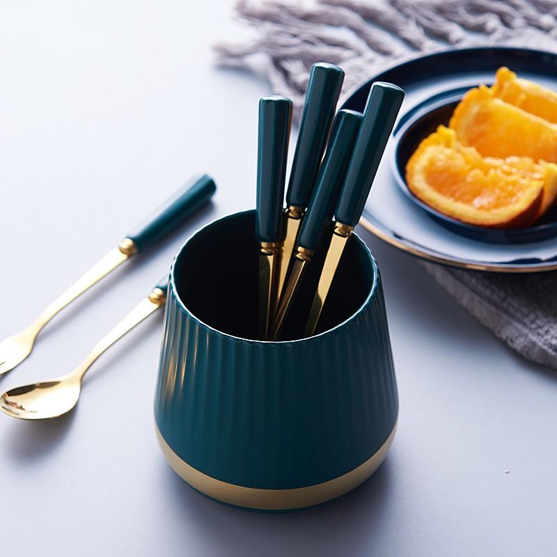 Ống đựng muỗng nĩa bằng sứ hoạ tiết sọc nhám cao cấp  Vimora