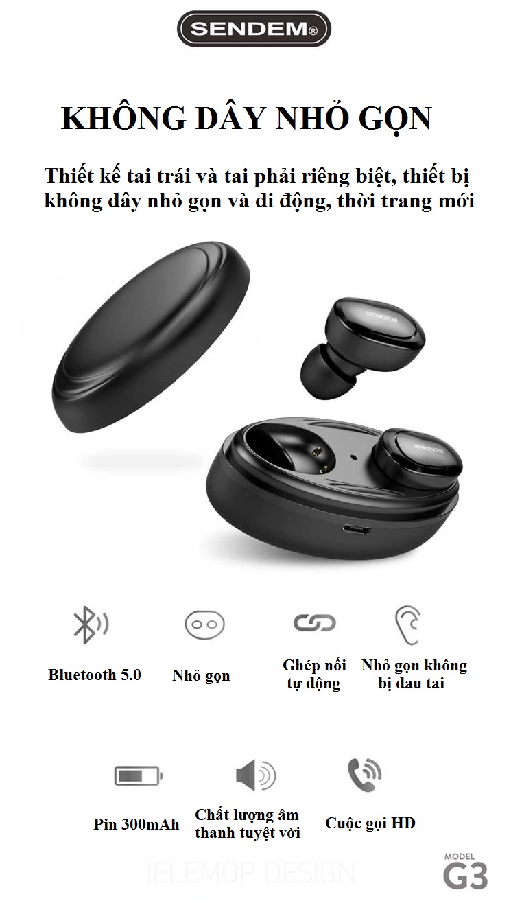 Tai nghe Bluetooth True Wireless SENDEM G3 V5.0 siêu nhỏ - Hàng chính hãng