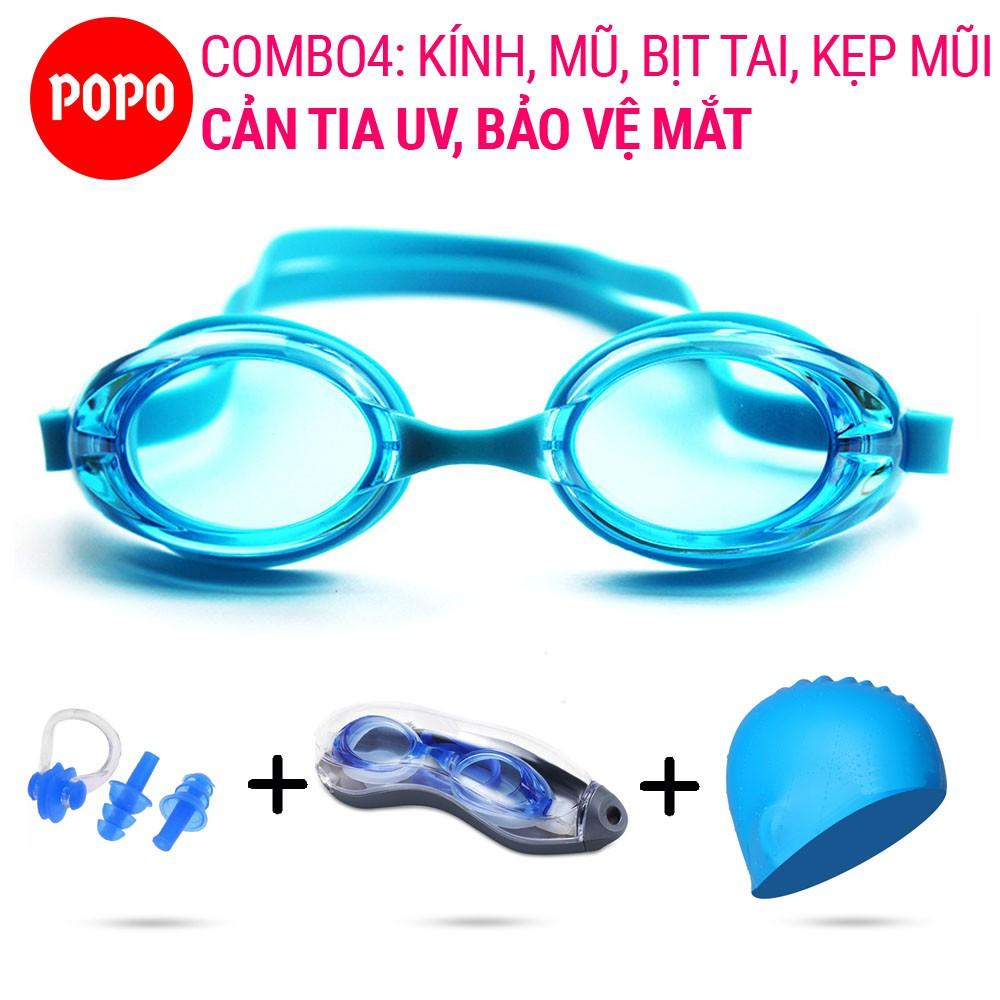 Kính bơi mũ bơi bịt tai kẹp mũi POPO 1153 trong suốt với lớp hạn chế sương mờ chống tia UV