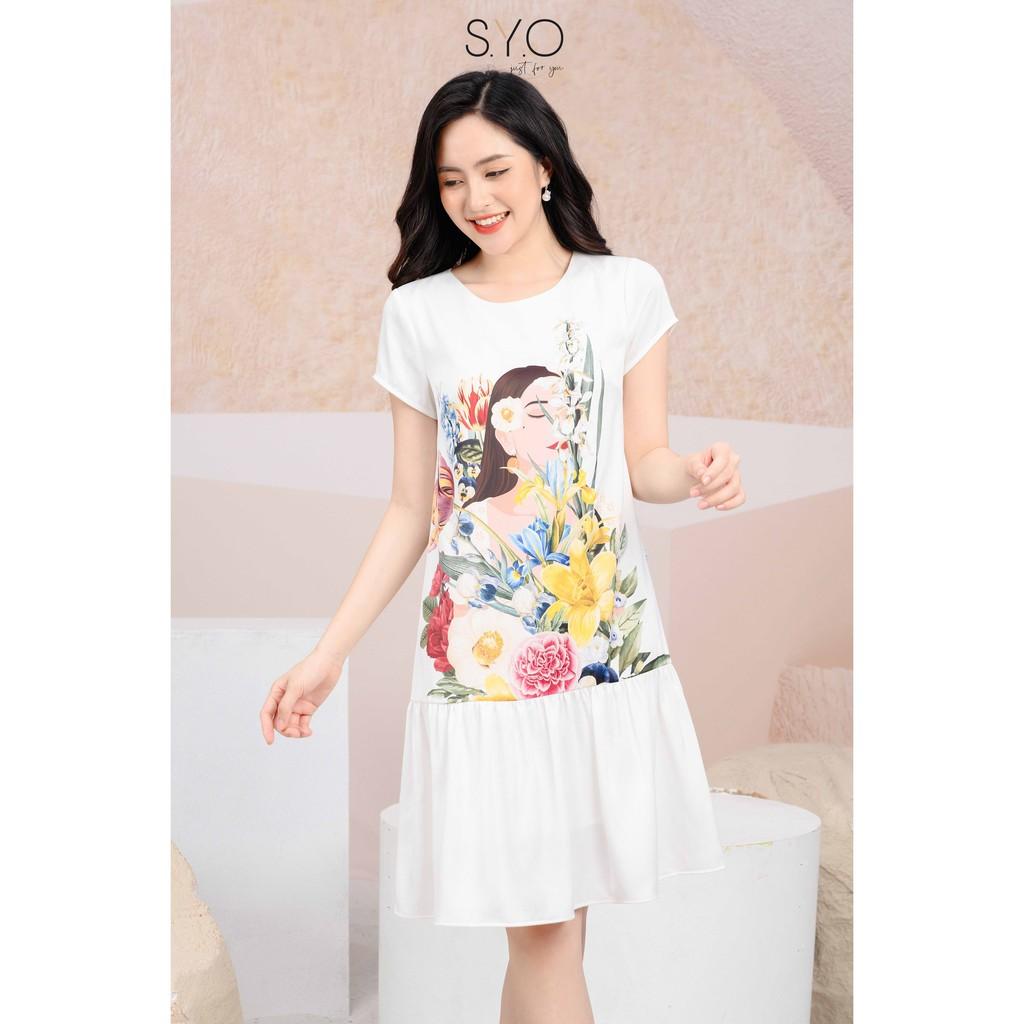 Đầm váy suông in hoa cô gái màu trắng SYO D2004