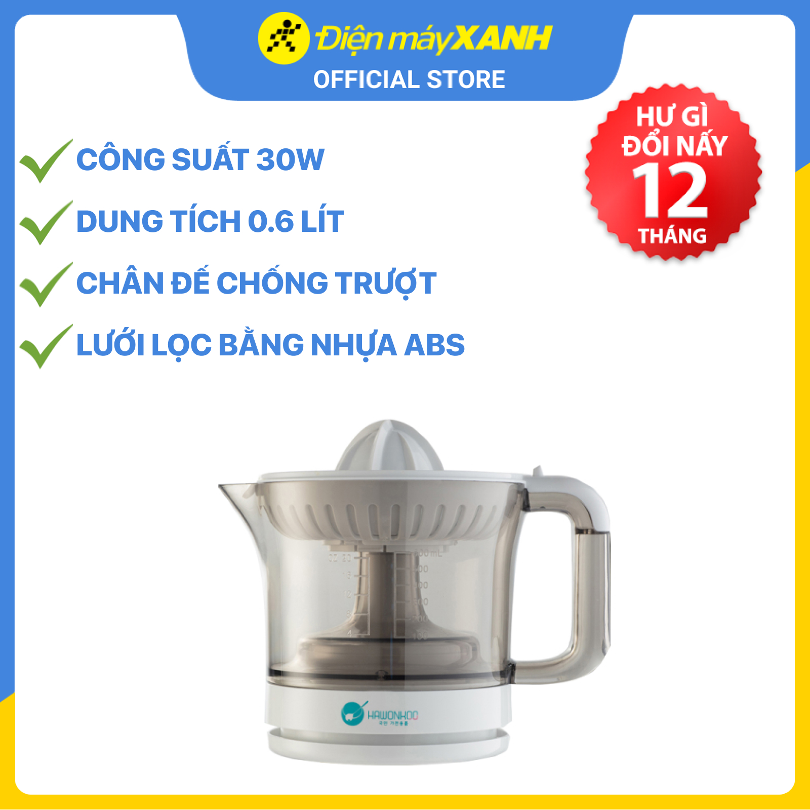 Máy Vắt Cam Hawonkoo OJH-001- Cơ Chế Vắt 2 Chiều , Công Suất 30W , Dung Tích 600ml , Hàng Chính Hãng