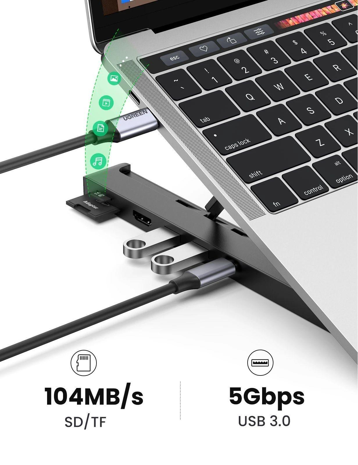 Ugreen UG80551CM359TK 5 trong 1 Bộ chuyển Type C sang 2*USB 3.0 A + HDMI + SD-TF + giá đỡ máy tính - HÀNG CHÍNH HÃNG