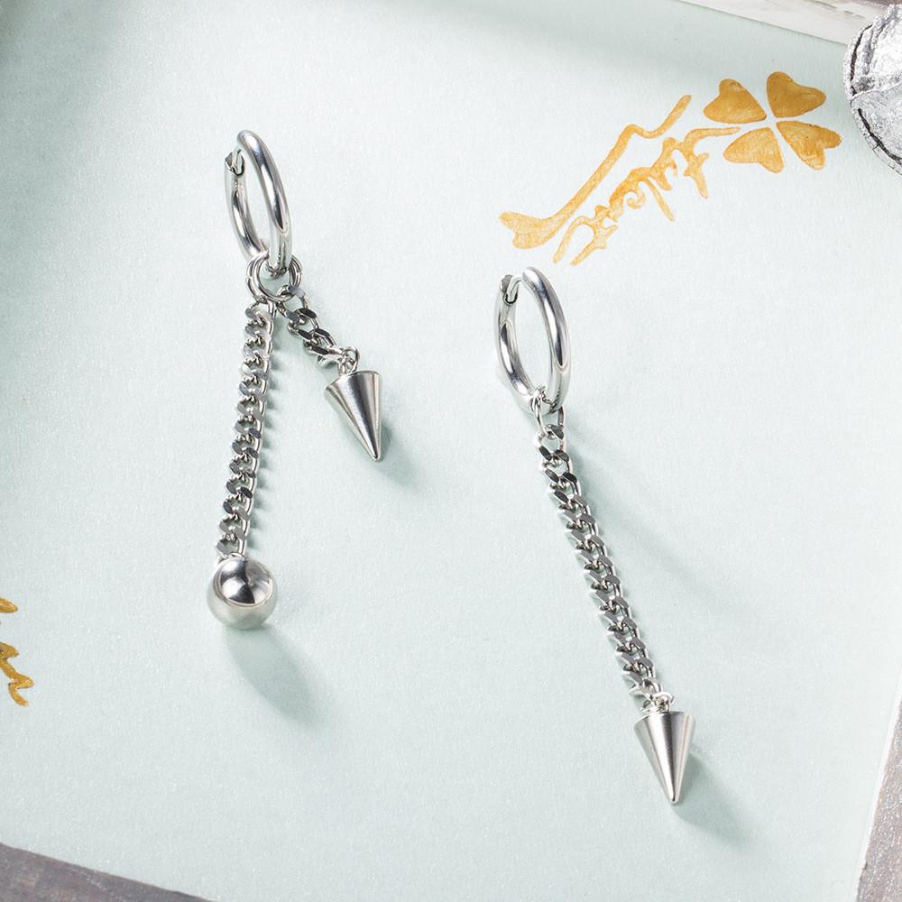 Đôi bông tai nam nữ bất đối xứng xích thả chóp thả bi cool ngầu