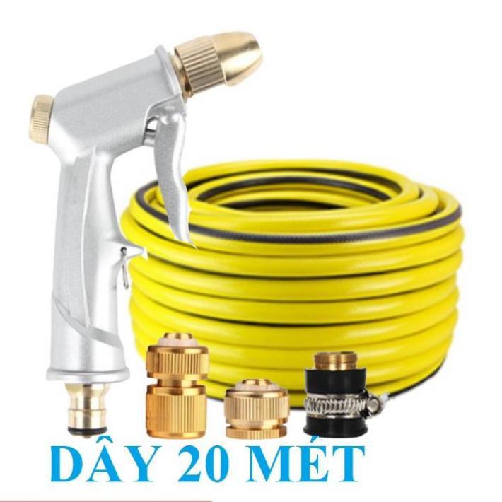 ️ Bộ dây vòi xịt nước rửa xe, tưới cây . tăng áp 3 lần, loại 20m 206701 đầu đồng, cút đồng