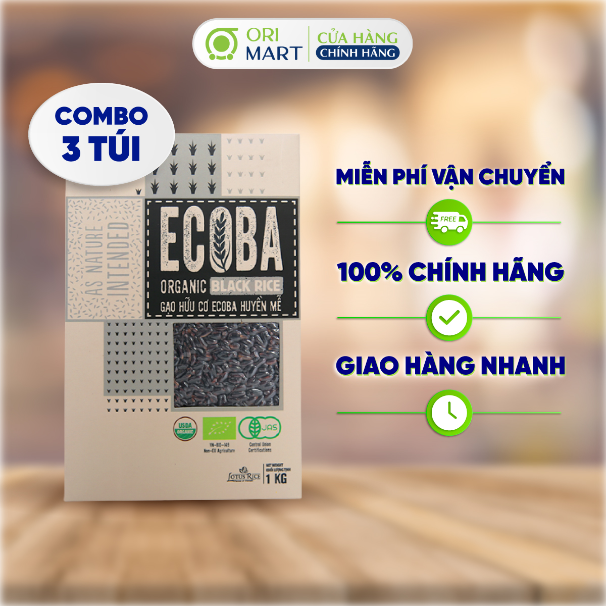 Combo 3 Gạo Lứt Hữu Cơ ECOBA Huyền Mễ Ecoba Organic Black Rice Cao Cấp Thơm Ngon Dẻo Ngọt Hỗ Trợ Giảm Cân Túi 1kg ORIMART