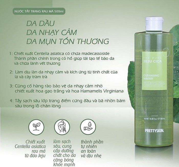 Nước Tẩy Trang Rau Má Prettyskin The Pure Jeju Cica Cleasing Water 500ml