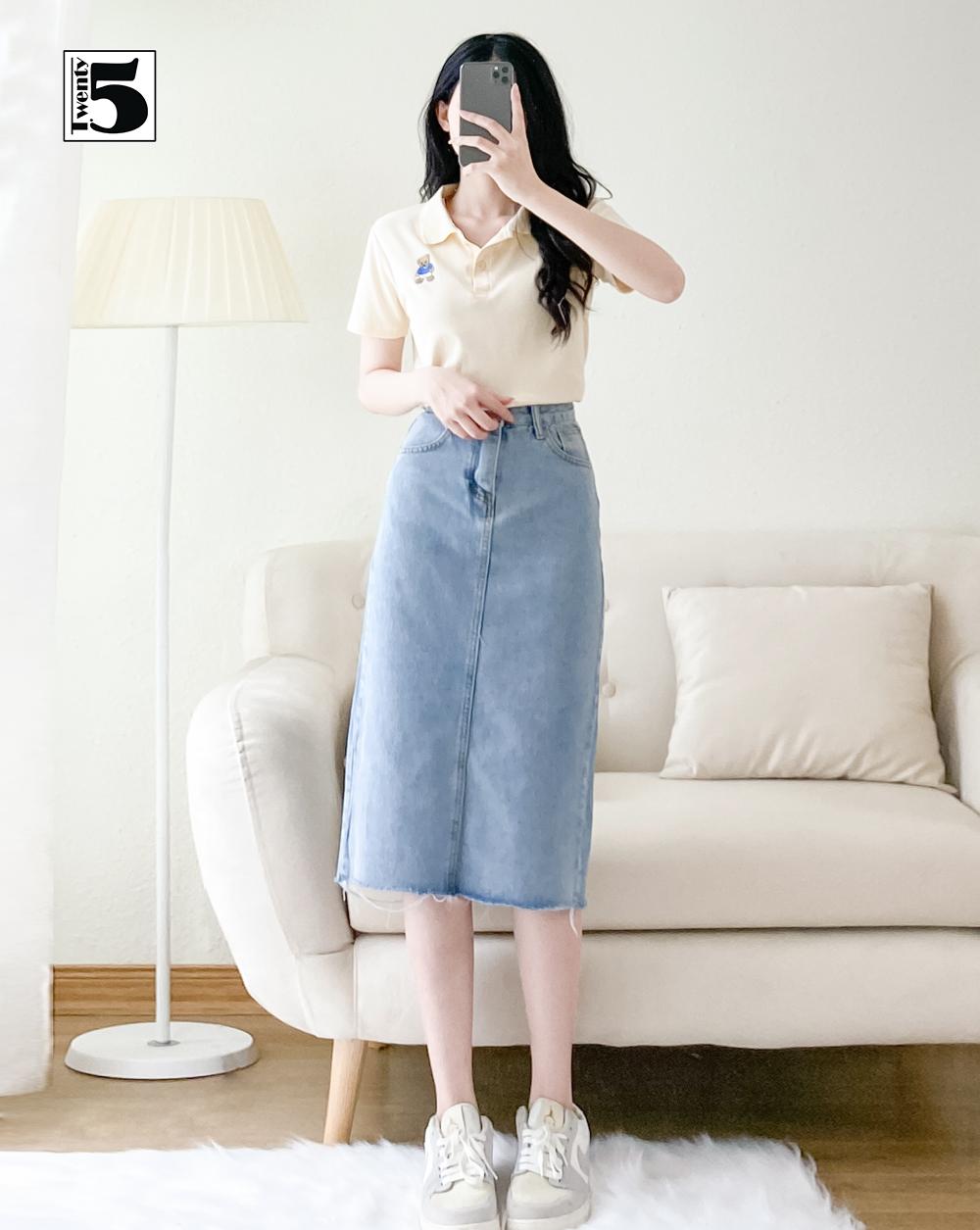 Áo thun polo nữ có cổ, ngắn tay, dáng ngắn croptop, logo con gấu thêu TWENTYFIVE 3799M