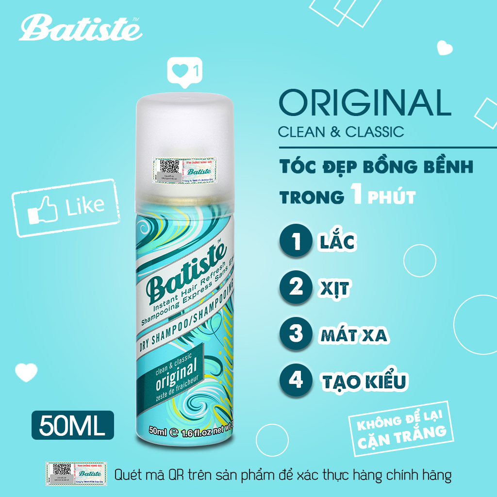 Dầu Gội Khô Hương Cổ Điển Batiste Dry Shampoo Clean &amp; Classic Original 50ml