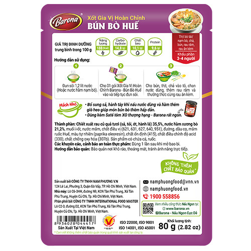 Combo 3 gói Gia Vị Hoàn Chỉnh Barona - Bún Bò Huế 80g