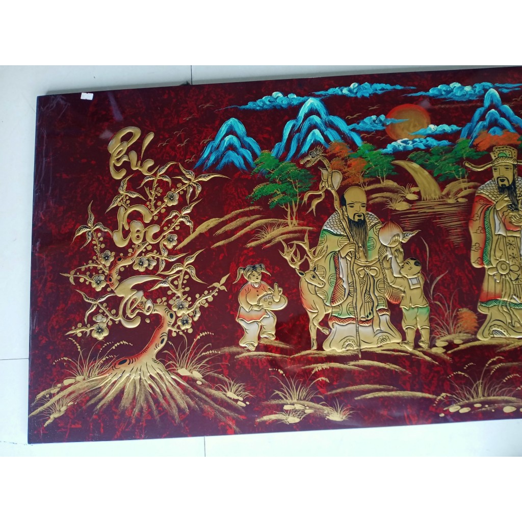Tranh sơn mài Phúc Lộc Thọ đắp nổi hàng xuất khẩu 60x120 cm trang trí nhà cửa, quà tặng tân gia, chúc Thọ ý nghĩa
