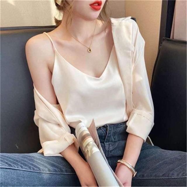 Áo 2 dây chất lụa satin mát lạnh siêu nhẹ 5 màu đen trắng xanh be ghi thời trang Banamo Fashion áo 2 dây lụa cổ tim 371