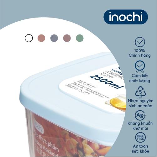 Hộp thực phẩm vuông Inochi - Hokkaido 2500ml Thân Trắng trong + Nắp màu Xanh/Hồng/Cam/Trắng trong