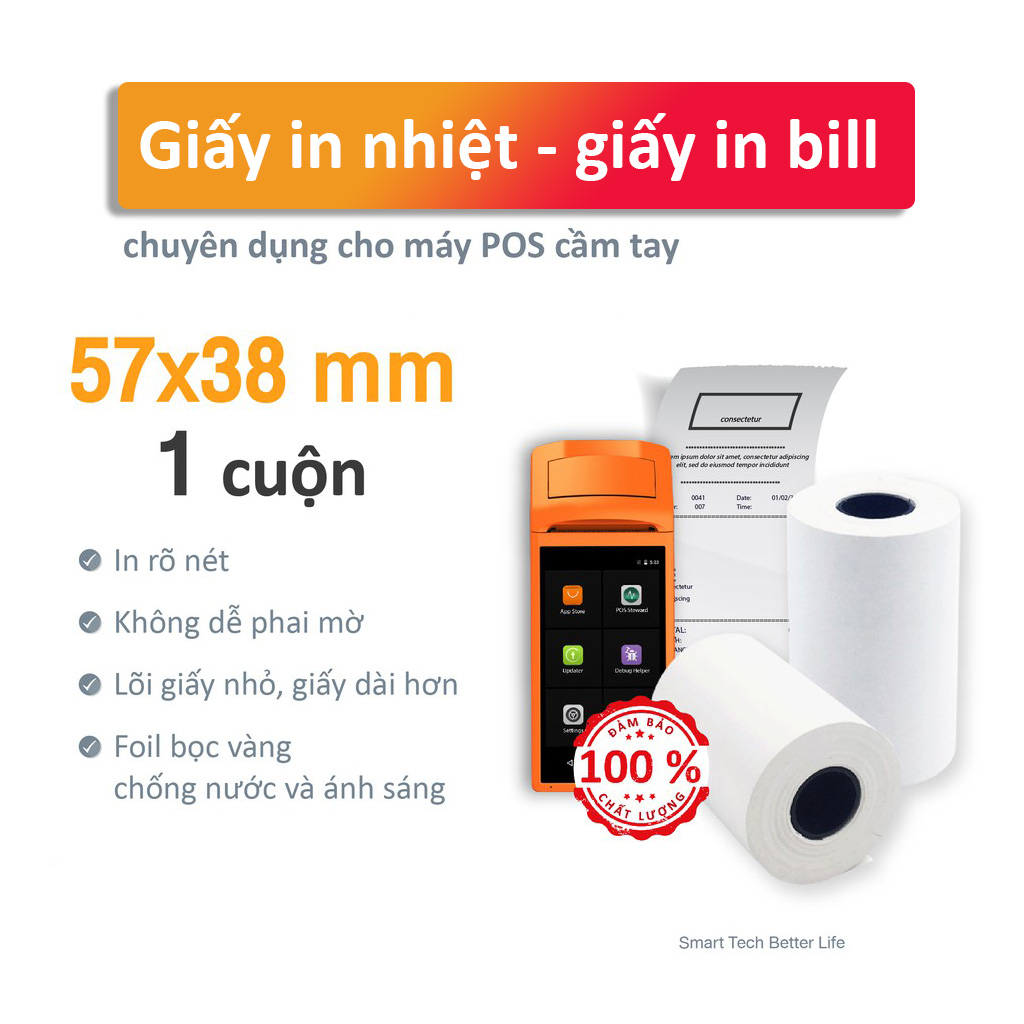 CUỘN LẺ Giấy in nhiệt 57 x 38mm, giấy in bill VAYO, lõi siêu nhỏ, định lượng 65gsm - Hàng chính hãng