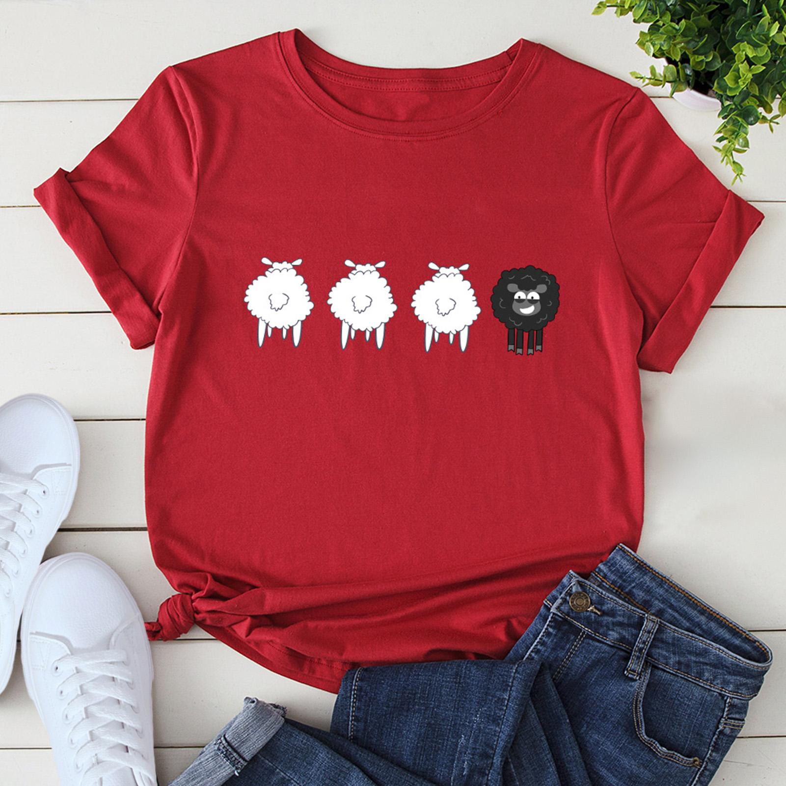 Women T-shirt Cute Sheep Print Short Sleeve O Neck Plus Size Casual Tops S-5XL