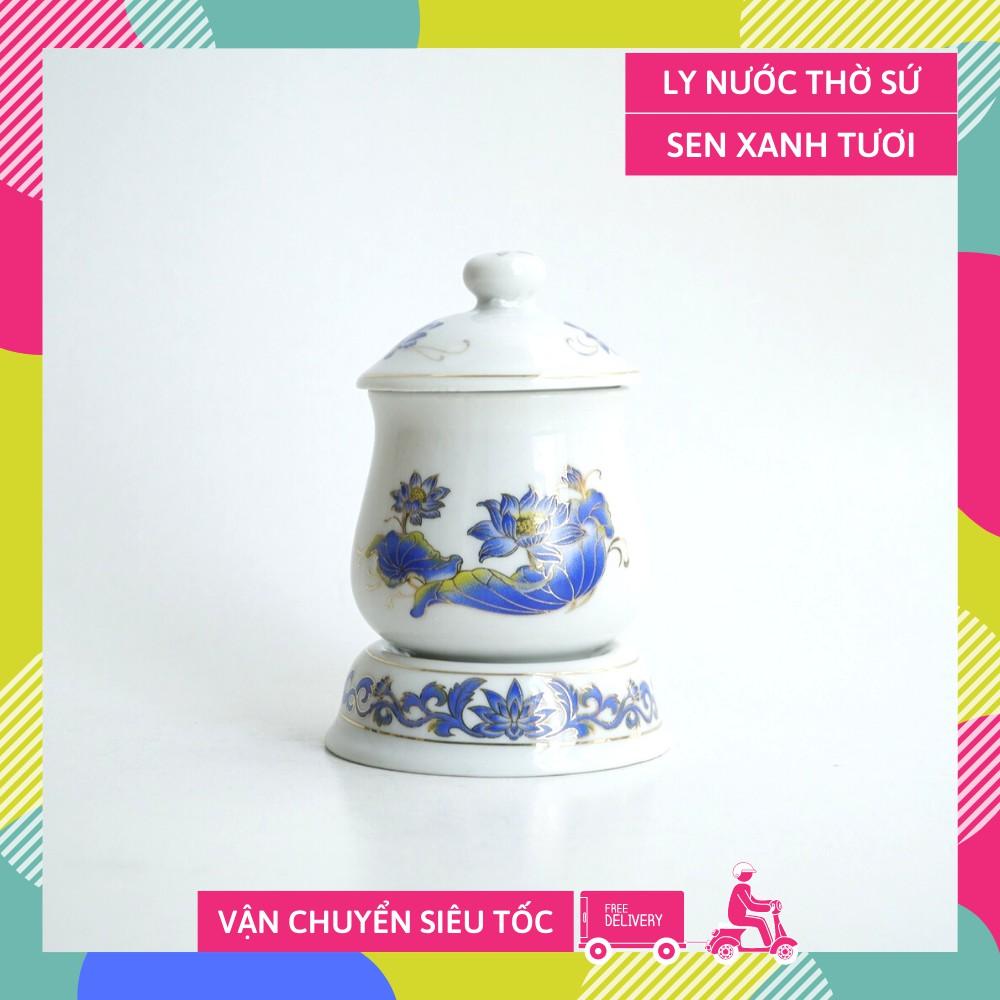 Ly nước thờ cúng sen xanh tươi có nắp và đế riêng - Cao 10cm