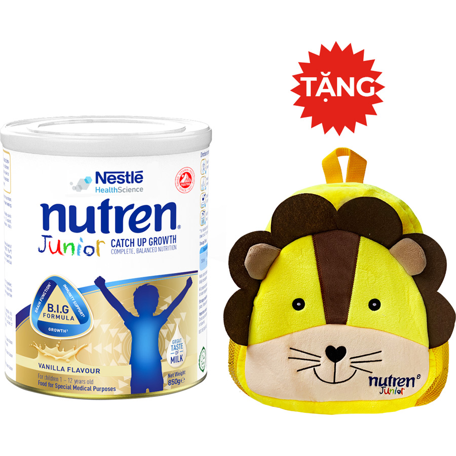 Sản phẩm dinh dưỡng y học Nutren Junior cho trẻ từ 1-12 tuổi 850g tăng trưởng 3 chuẩn: Thế chất, Đề kháng, Tư duy - Tặng balo con hổ