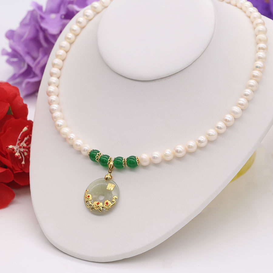 Chuỗi Ngọc Trai Đeo Cổ Đá Mã Não Xanh Phát Tài Lộc - DB1438 - Bảo Ngọc Jewelry