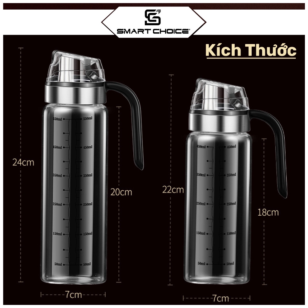 Bình Đựng Dầu Ăn Thủy Tinh SMARTCHOICE Cao Cấp, Chai Đựng Dầu Ăn, Nước Mắm Có Nắp Mở Tự Động 450ml + 550ml - Hàng Chính Hãng
