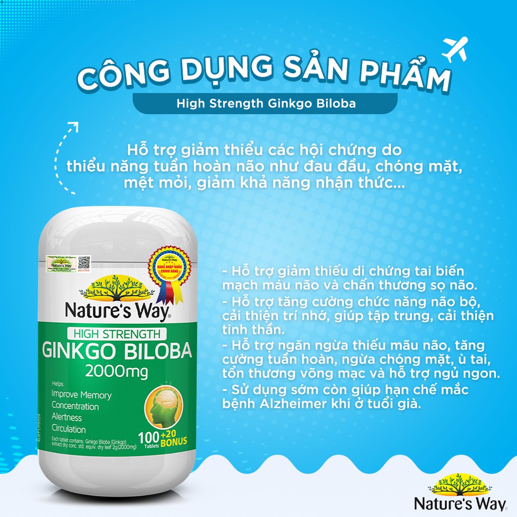 Viên Uống Tuần Hoàn Não Nature's Way High Strength Ginkgo Biloba Tăng Cường Trí Nhớ 2000mg 120 Viên