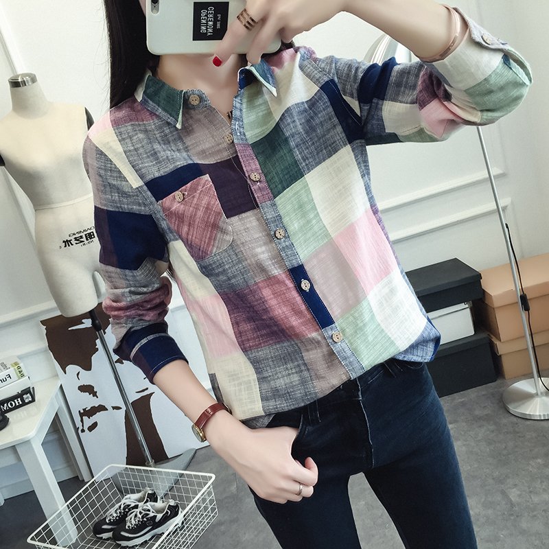 Áo sơ mi nữ kẻ caro phối màu cực xinh Sm02