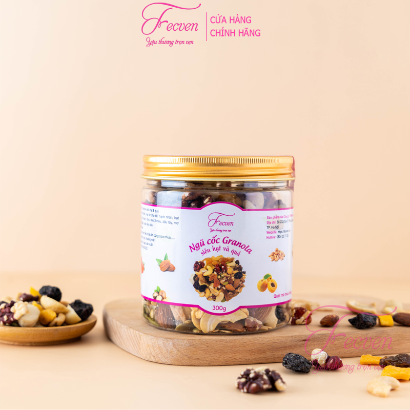 Granola Siêu Hạt Và Quả Fecven - Ngũ Cốc Granola Ăn Kiêng Giảm Cân, Eat Clean, Ăn Vặt, Bữa Phụ Tiện Lợi, Không Đường, 12 Thành Phần Hạt Và Quả Sấy Dẻo - Vị Nguyên Bản