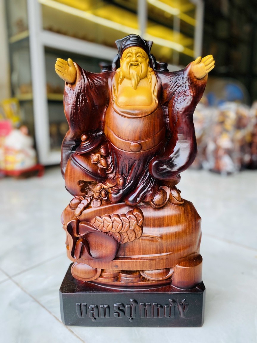Tượng phật thần tài nghênh hỷ bằng gỗ hương đá pu giả cổ cao cấp kt cao 50×27×12cm