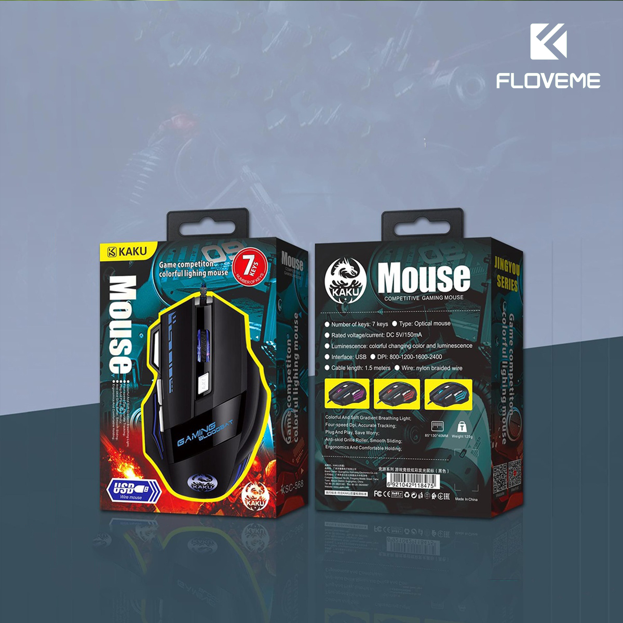 Chuột máy tính, Chuột Gaming có dây Floveme - KSC-568 - Độ nặng vừa tay - 7 chế độ -  LED RGB Full màu - Hàng chính hãng