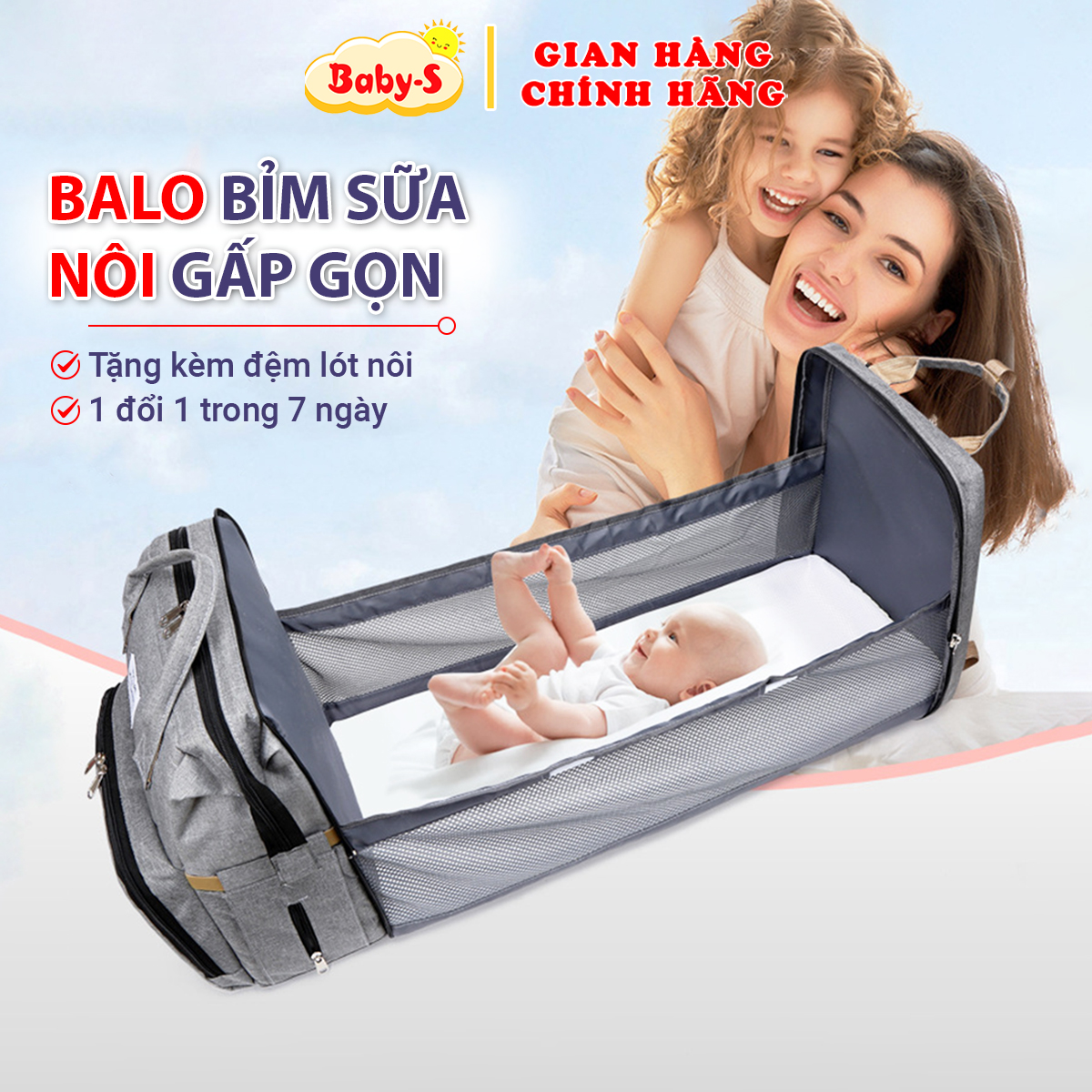Balo bỉm sữa tích hợp nôi di động tiện lợi Baby-S, Túi bỉm sữa đa năng cao cấp kết hợp nôi gấp gọn - SB026