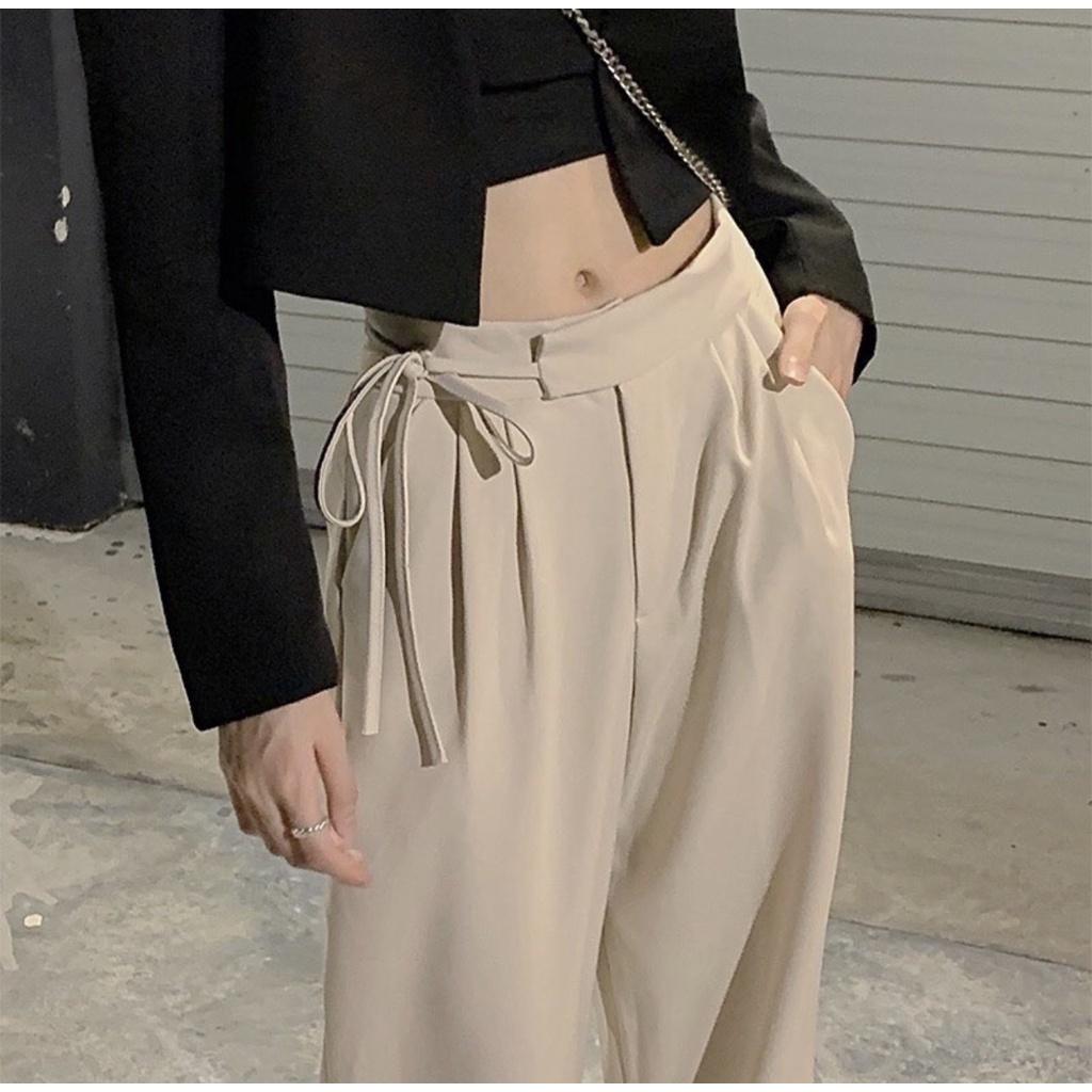 Quần ống rộng ulzzang thắt dây 1 bên siêu hot, quần tây lưng cao Okélla