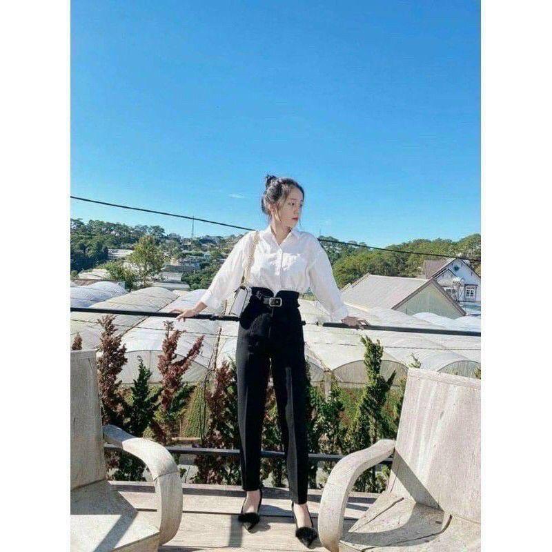 Quần baggy nữ tây vải tuyết mưa baggy công sở cạp V kèm đai quần dài cạp không chun thun vải tuyết mưa lưng cao
