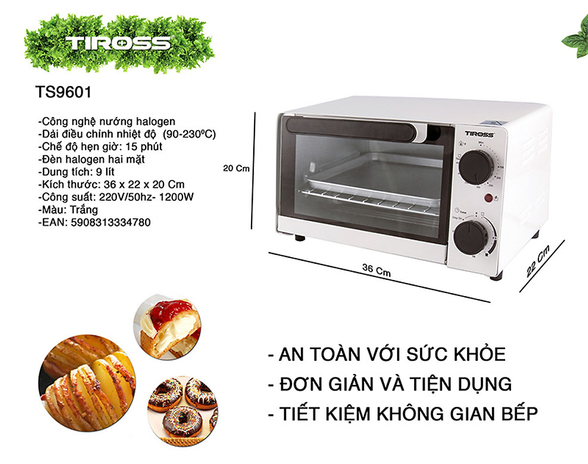 Lò Nướng Halogen Tiross TS9601 - 9L (Trắng) - Hàng chính hãng