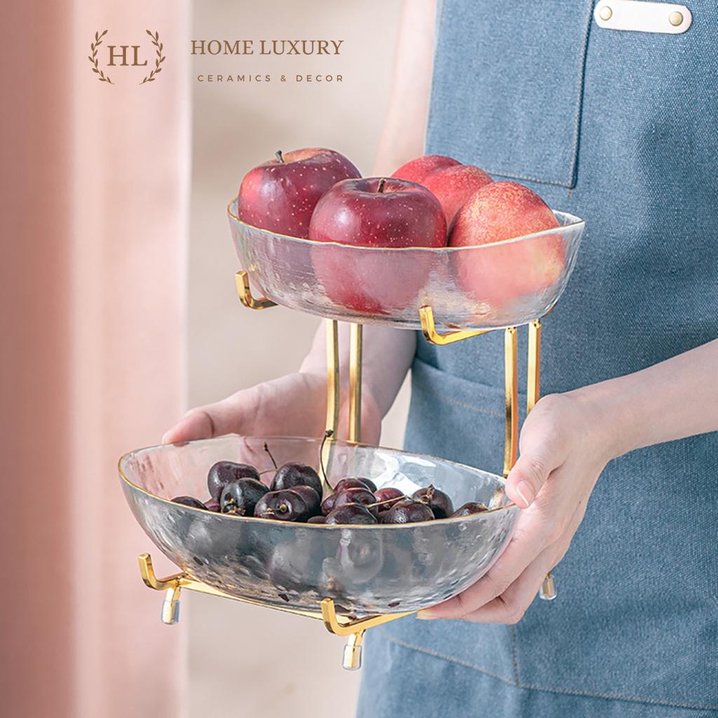 KỆ TẦNG ĐỂ HOA QUẢ, BÁNH KẸO DECOR | ĐĨA 2 TẦNG 3 TẦNG THỦY TINH VIỀN VÀNG KÈM KỆ INOX CAO CẤP HOME LUXURY DECOR 2023