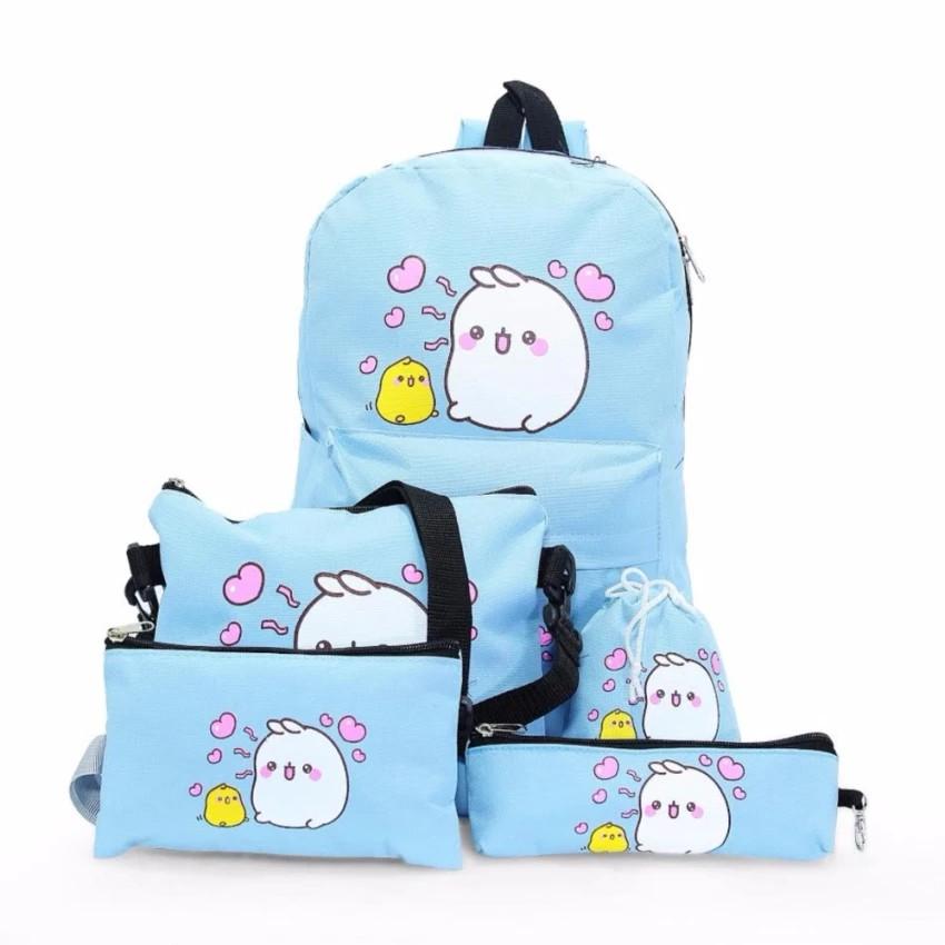 Bộ 5 món balo, túi xách, túi nhỏ, túi dây rút, bóp viết Molang Và Gà Piupiu Cao Cấp