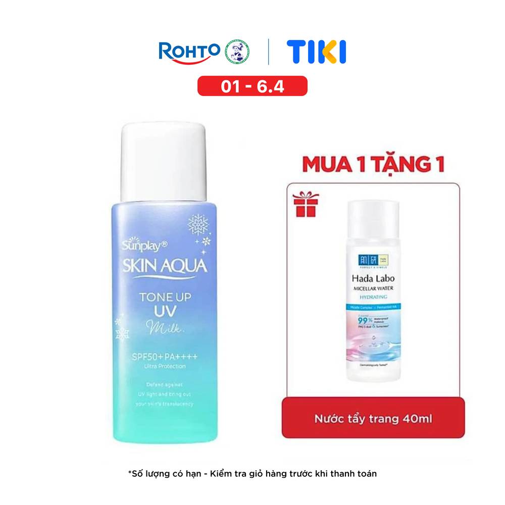 Kem chống nắng nâng tông Skin Aqua Tone up Blue cho da vàng có khuyết điểm đỏ, dạng sữa Sunplay Skin Aqua Tone Up UV Milk Blue SPF 50+ PA++++ 50g
