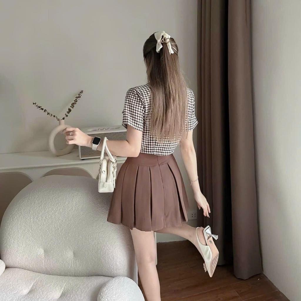 Sét Áo bố caro cài nút kèm Chân Váy xoè xếp ly