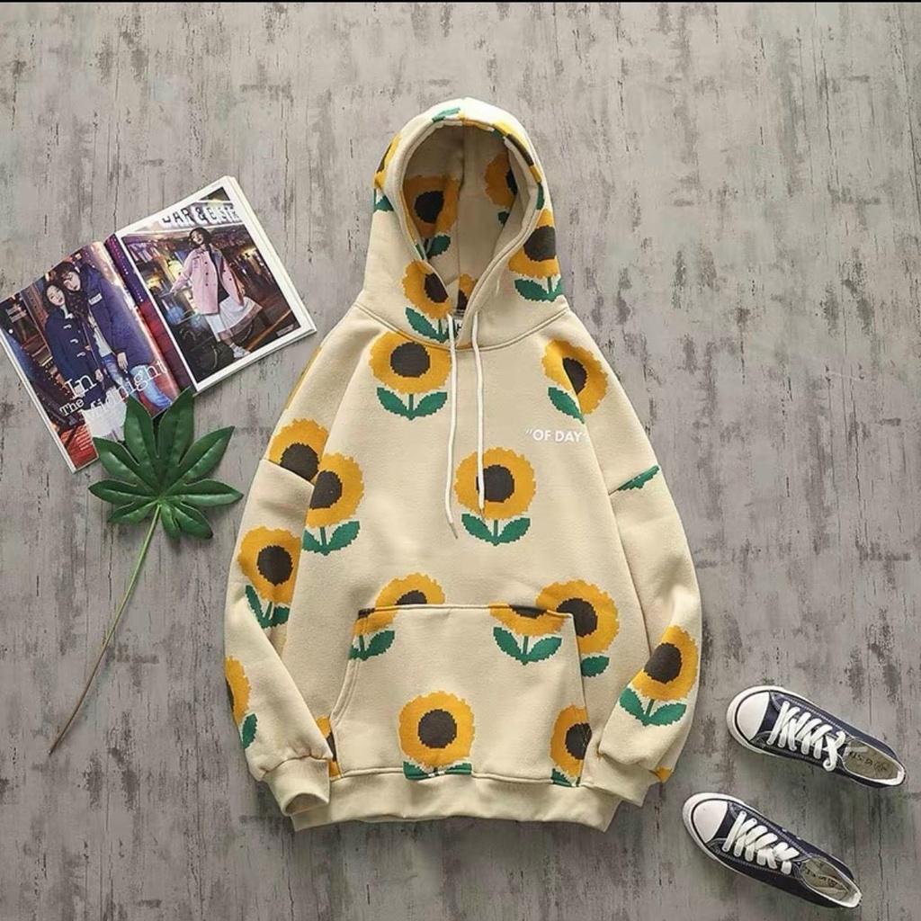 Áo hoodie nỉ ngoại in hoa hướng dương dễ thương năng động,Áo khoác Hoodie nam nữ nỉ bông form rộng có mũ chùm đầu in hoa Hướng dương