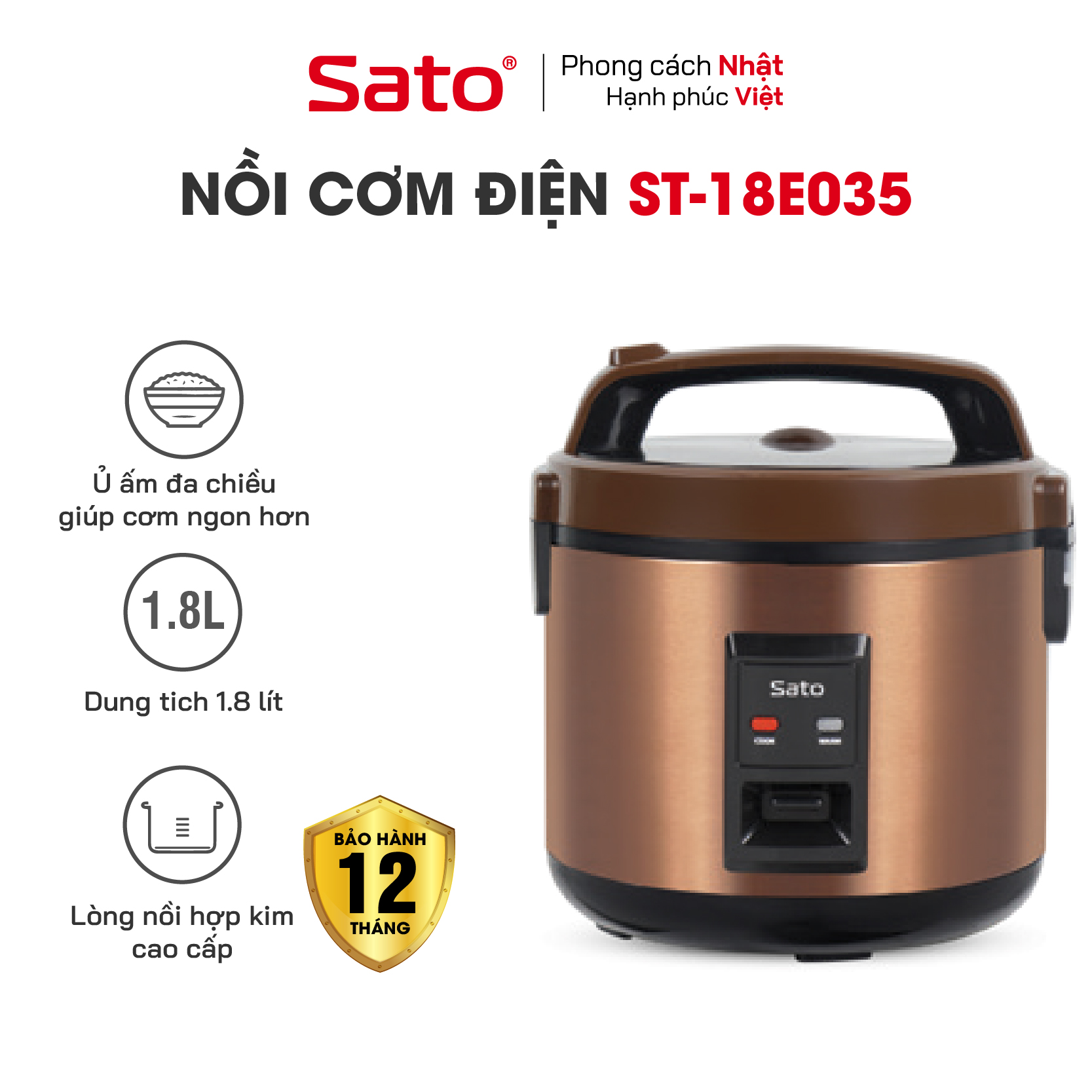 Nồi Cơm Điện SATO 18E035 1.8L - Thiết kế nắp gài chắc chắn, chống tràn tốt, nút điều khiển đơn giản, tiện dụng - Miễn phí vận chuyển toàn quốc - Hàng chính hãng