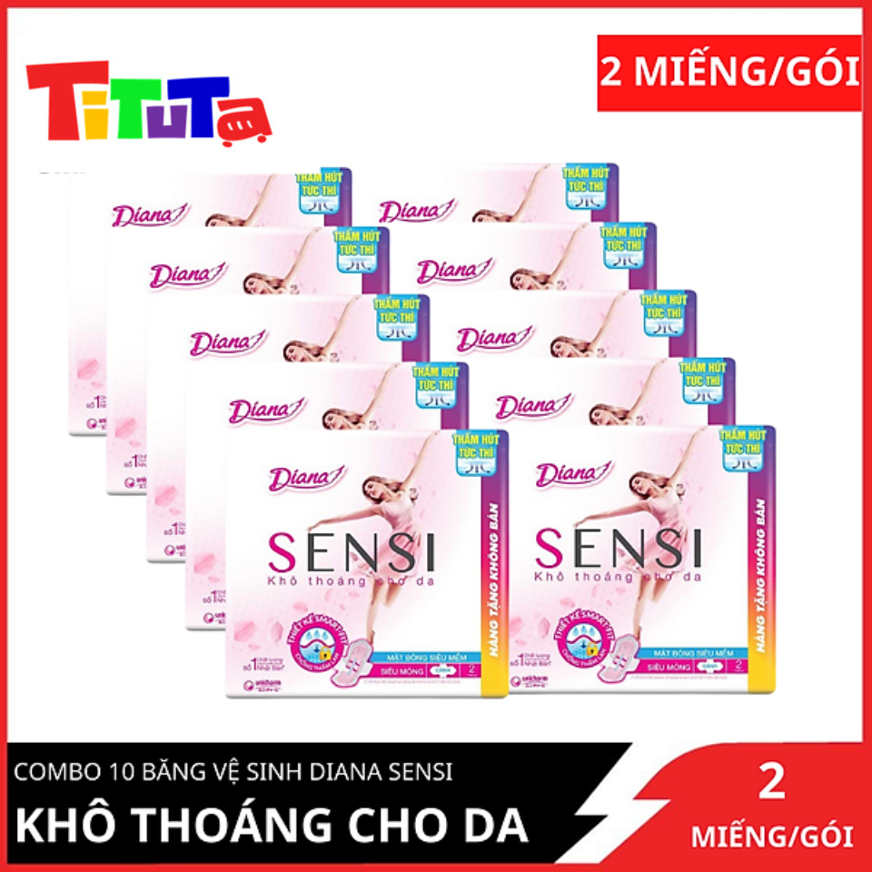 Combo 10 Gói Băng Vệ Sinh Diana Sensi Siêu Mỏng Cánh Khô Thoáng Cho Da 23cm 2 miếng/gói